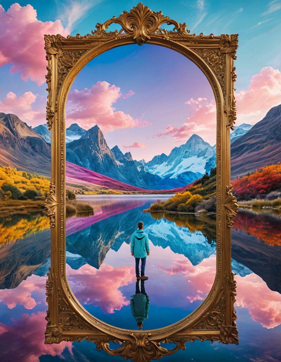 A surreal scene depicting a large, ornate mirror reflecting a breathtaking landscape with abstract thoughts and ideas swirling around it. The mirror frame is intricately designed with symbols of wisdom and unique perspectives. In the foreground, a figure stands pondering, surrounded by vibrant colors representing different emotions and insights. The sky is a blend of pastel hues, creating a dreamlike atmosphere. whimsical, vibrant colors, painting.