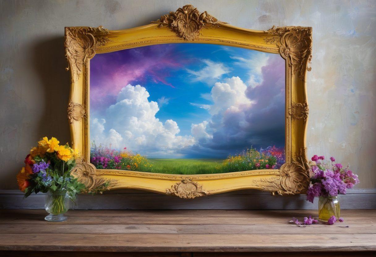 A surreal scene depicting a large, ornate mirror resting on a weathered wooden table, reflecting a vivid landscape of thoughts and emotions. Inside the mirror, swirling colors represent various insights such as happiness, sorrow, and contemplation. Include elements like delicate light beams breaking through clouds, symbolizing clarity and understanding. The background features an ethereal garden of deep greens and gentle flowers to evoke tranquility. painting. vibrant colors. dreamy atmosphere.
