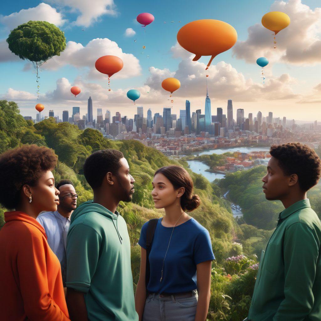 A diverse group of people engaged in deep conversation, surrounded by thought bubbles filled with unique symbols representing different life stories and trends. Create an intriguing backdrop of a city skyline merging with nature, symbolizing growth and discovery. Emphasize a mix of cultures and ideas with vibrant, interconnected lines illustrating the threads of their narratives. super-realistic. vibrant colors. dynamic composition.